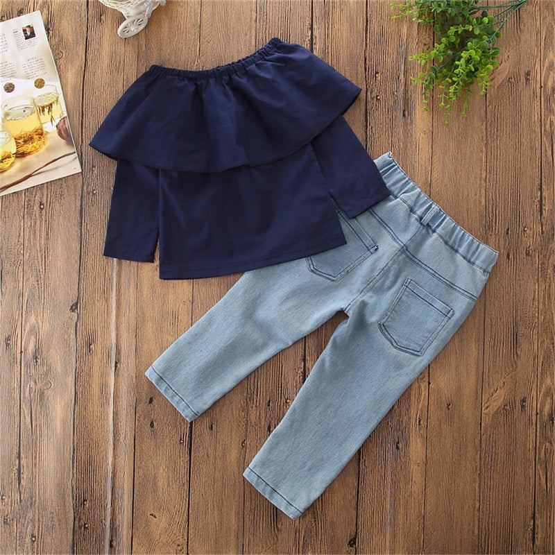 Girls Solid Color Long Sleeve Top & Ripped Jeans Bulk Childrens Clothes - PrettyKid