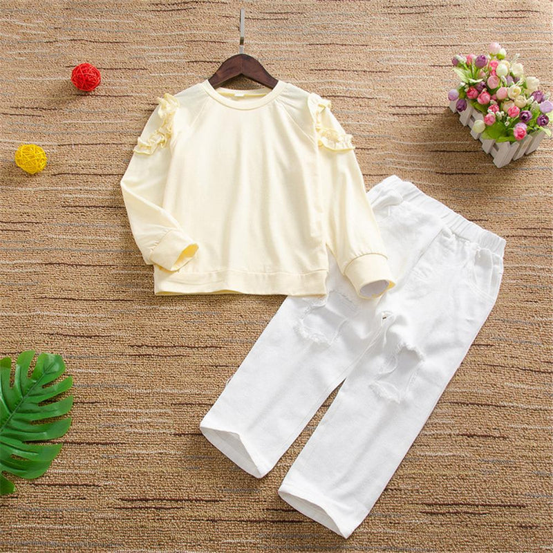 Girls Solid Color Long Sleeve Top & Ripped Pants Girls Wholesale - PrettyKid