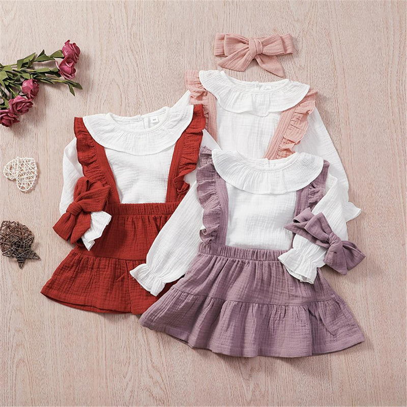 Girls Solid Color Long Sleeve Top & Suspender Skirt & Headband Baby Girl Wholesale - PrettyKid