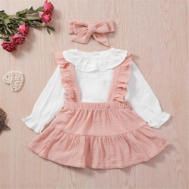 Girls Solid Color Long Sleeve Top & Suspender Skirt & Headband Baby Girl Wholesale - PrettyKid