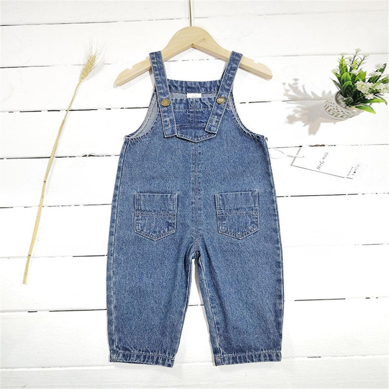 Girls Solid Color Pocket Denim Overalls Girl Loose Pants Wholesale - PrettyKid