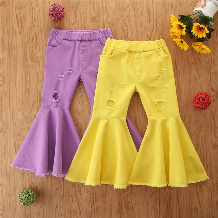Girls Solid Color Ripped Flare Jeans Wholesale Baby Girl Clothes - PrettyKid