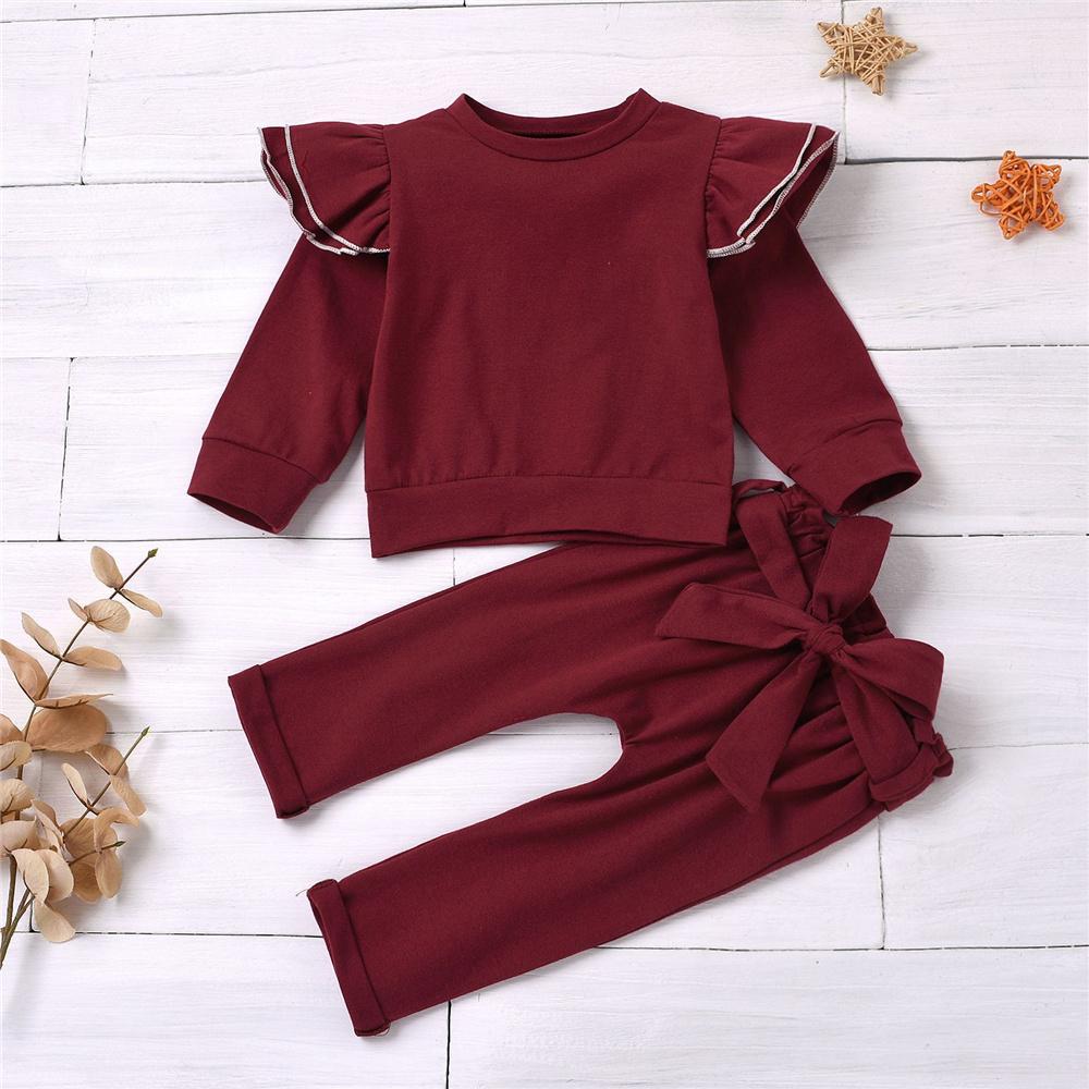Baby Girls Solid Color Ruffled Long Sleeve Top & Trousers Wholesale Clothing Baby - PrettyKid