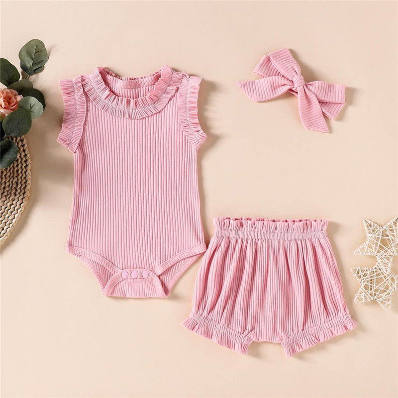 Baby Girls Solid Color Ruffled Sleeveless Romper & Shorts & Headband Baby Wholesale - PrettyKid