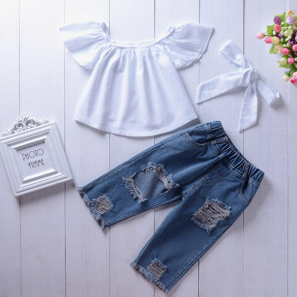 Girls Solid Color Ruffled Top & Ripped Jeans Girls Clothes Wholesale - PrettyKid