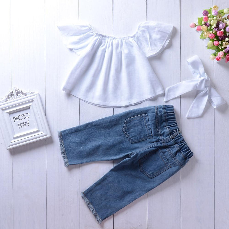 Girls Solid Color Ruffled Top & Ripped Jeans Girls Clothes Wholesale - PrettyKid