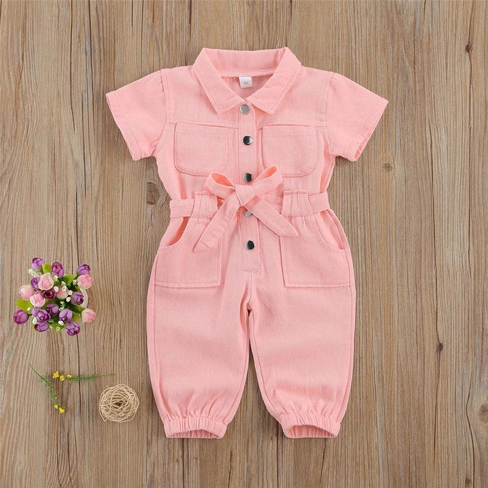 Girls Solid Color Short Sleeve Denim Belt & Jumpsuit Kids Wholesale Clothing - PrettyKid