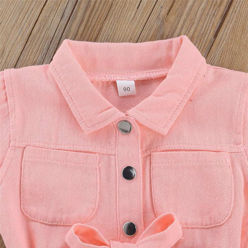 Girls Solid Color Short Sleeve Denim Belt & Jumpsuit Kids Wholesale Clothing - PrettyKid