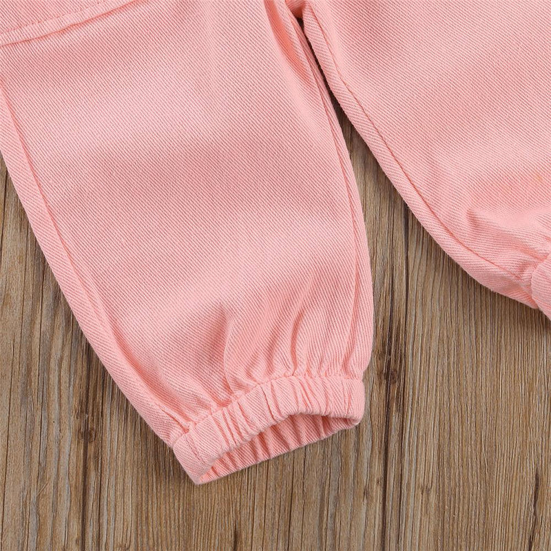 Girls Solid Color Short Sleeve Denim Belt & Jumpsuit Kids Wholesale Clothing - PrettyKid