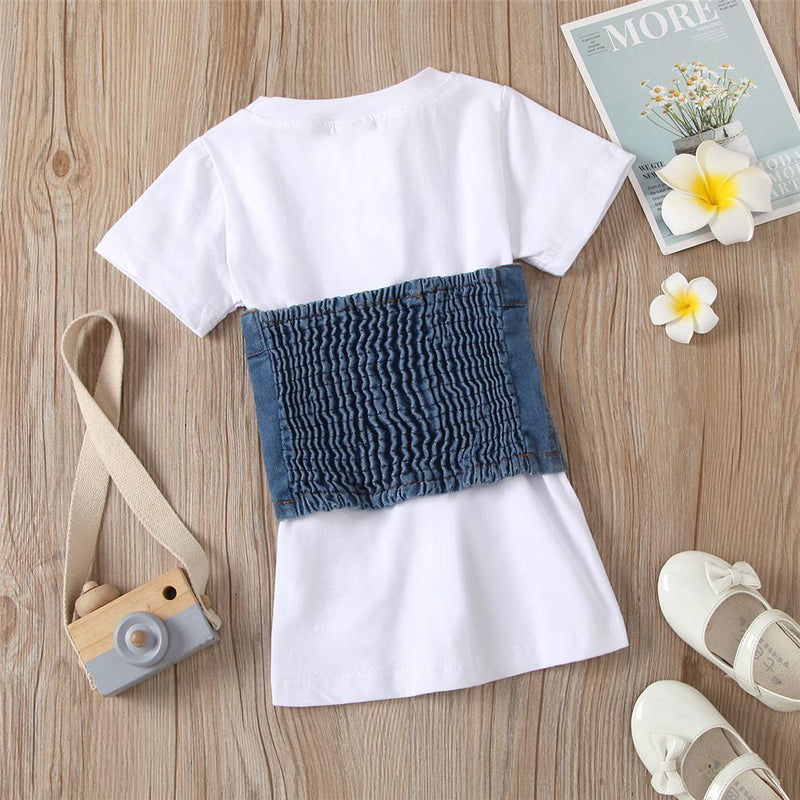 Girls Solid Color Short Sleeve Dresses & Denim Button Waistcoat Wholesale Girl clothes - PrettyKid