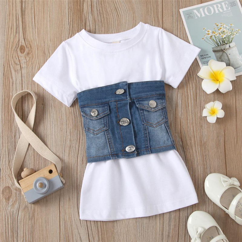 Girls Solid Color Short Sleeve Dresses & Denim Button Waistcoat Wholesale Girl clothes - PrettyKid