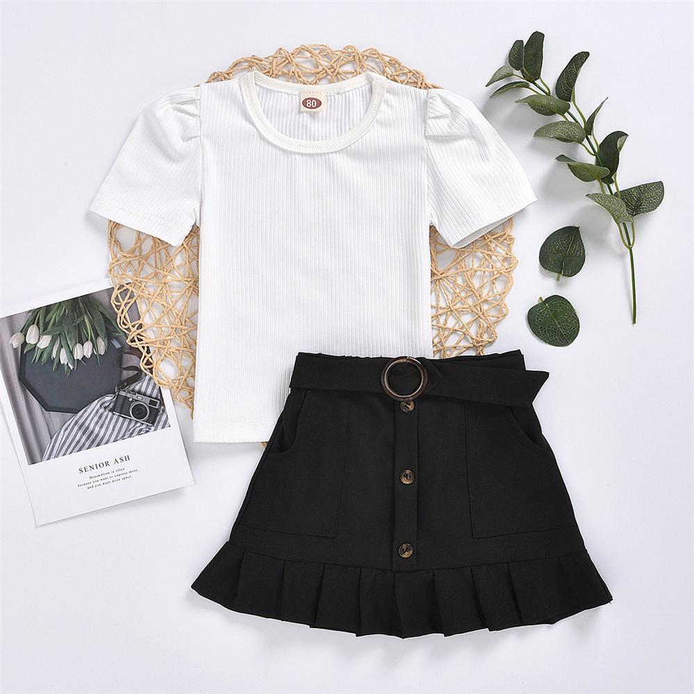 Girls Solid Color Short Sleeve Pullover Top & Skirts Girls Clothing Wholesale - PrettyKid