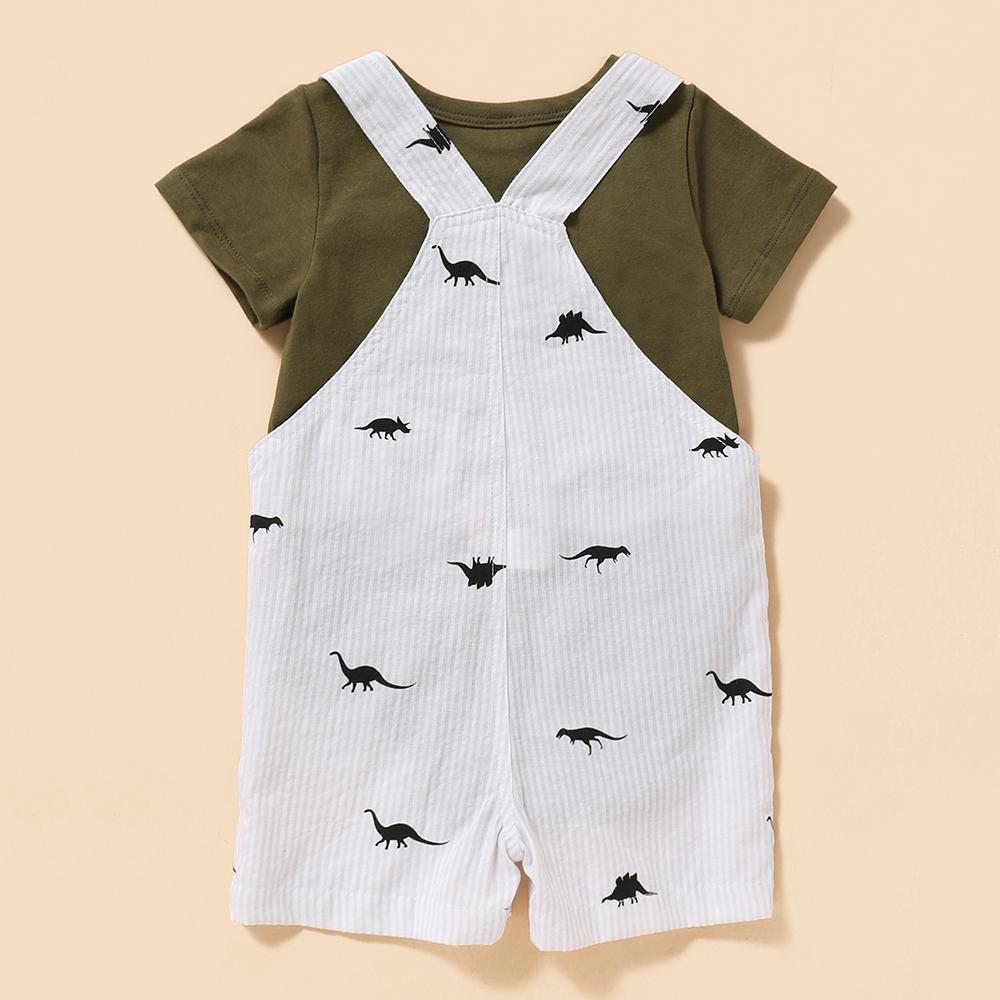 Baby Boys Solid Color Short Sleeve Romper & Dinosaur Overalls Wholesale Baby Cloths - PrettyKid