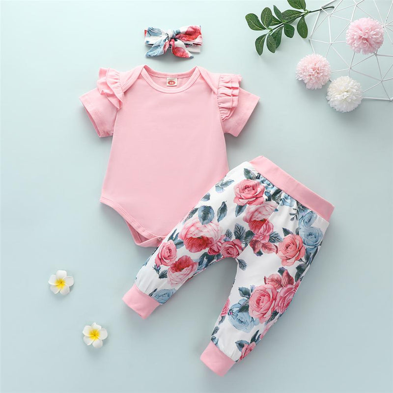 Baby Girls Solid Color Short Sleeve Romper & Floral Pants & Headband Baby Wholesale clothes vendors - PrettyKid