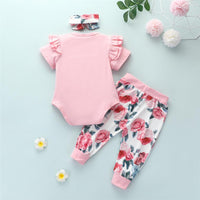 Baby Girls Solid Color Short Sleeve Romper & Floral Pants & Headband Baby Wholesale clothes vendors - PrettyKid