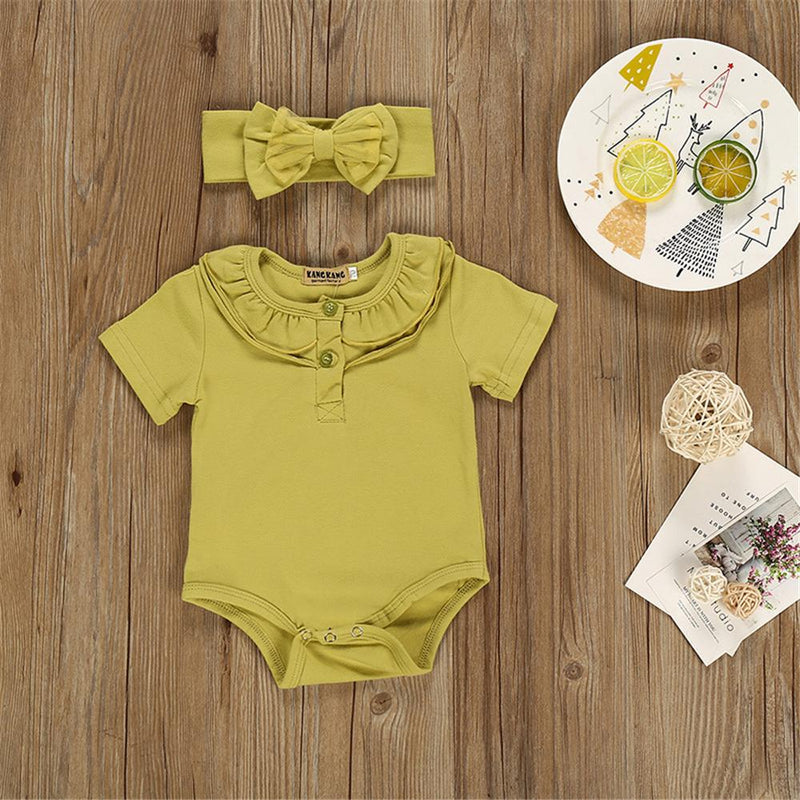Baby Girls Solid Color Short Sleeve Romper & Headband Buy Baby clothing Wholesale - PrettyKid