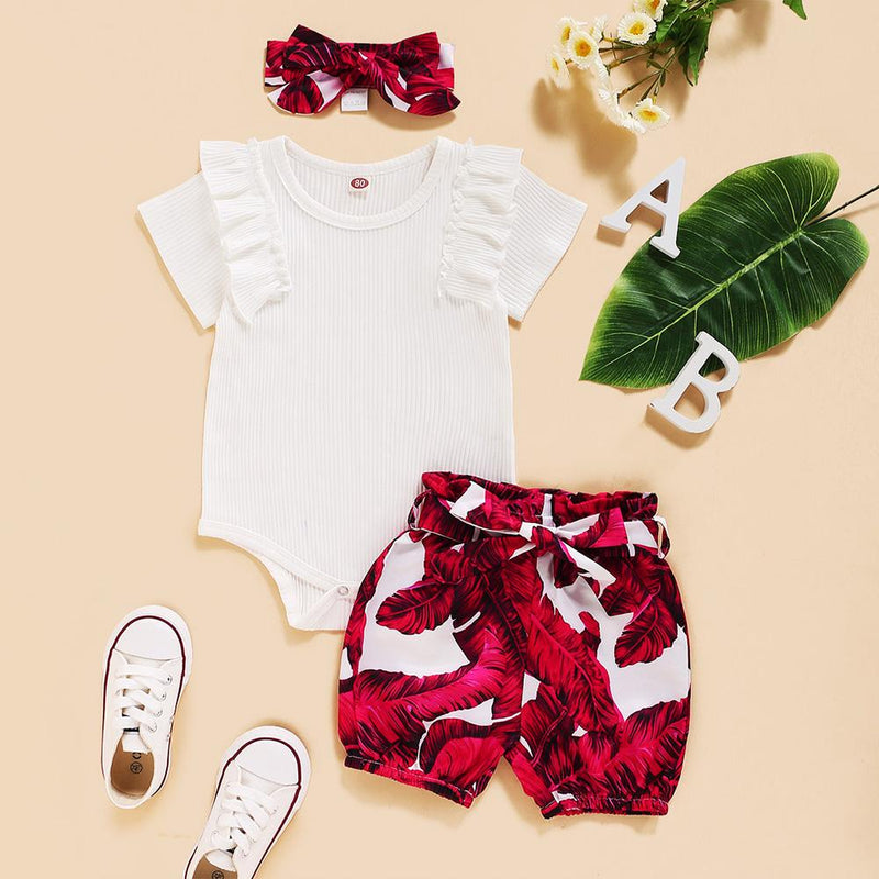 Baby Girls Solid Color Short Sleeve Romper & Leaves Printed Shorts & Headband Boutique Baby clothing Wholesale - PrettyKid