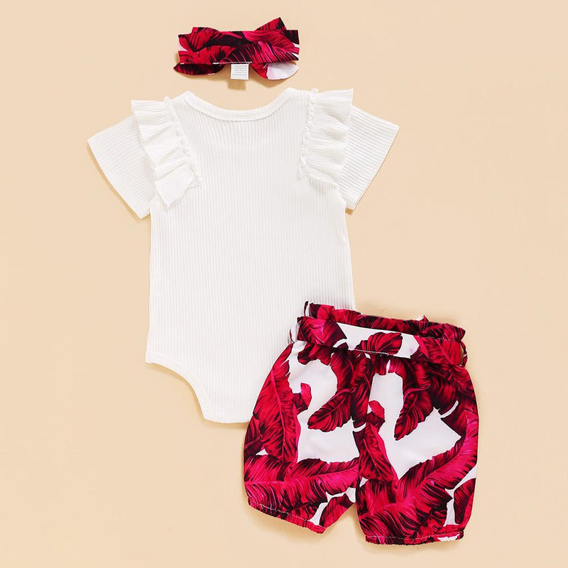 Baby Girls Solid Color Short Sleeve Romper & Leaves Printed Shorts & Headband Boutique Baby clothing Wholesale - PrettyKid