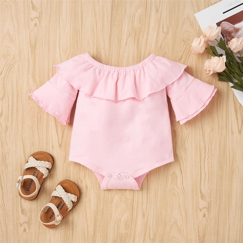 Baby Girls Solid Color Short Sleeve Ruffled Romper & Bow Pants Baby Clothes Warehouse - PrettyKid