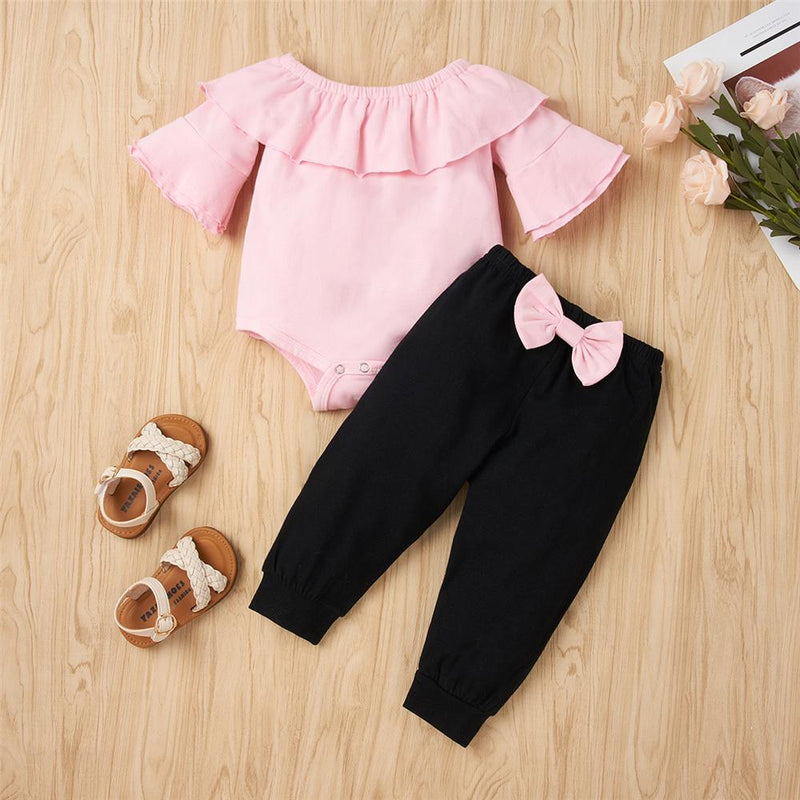 Baby Girls Solid Color Short Sleeve Ruffled Romper & Bow Pants Baby Clothes Warehouse - PrettyKid
