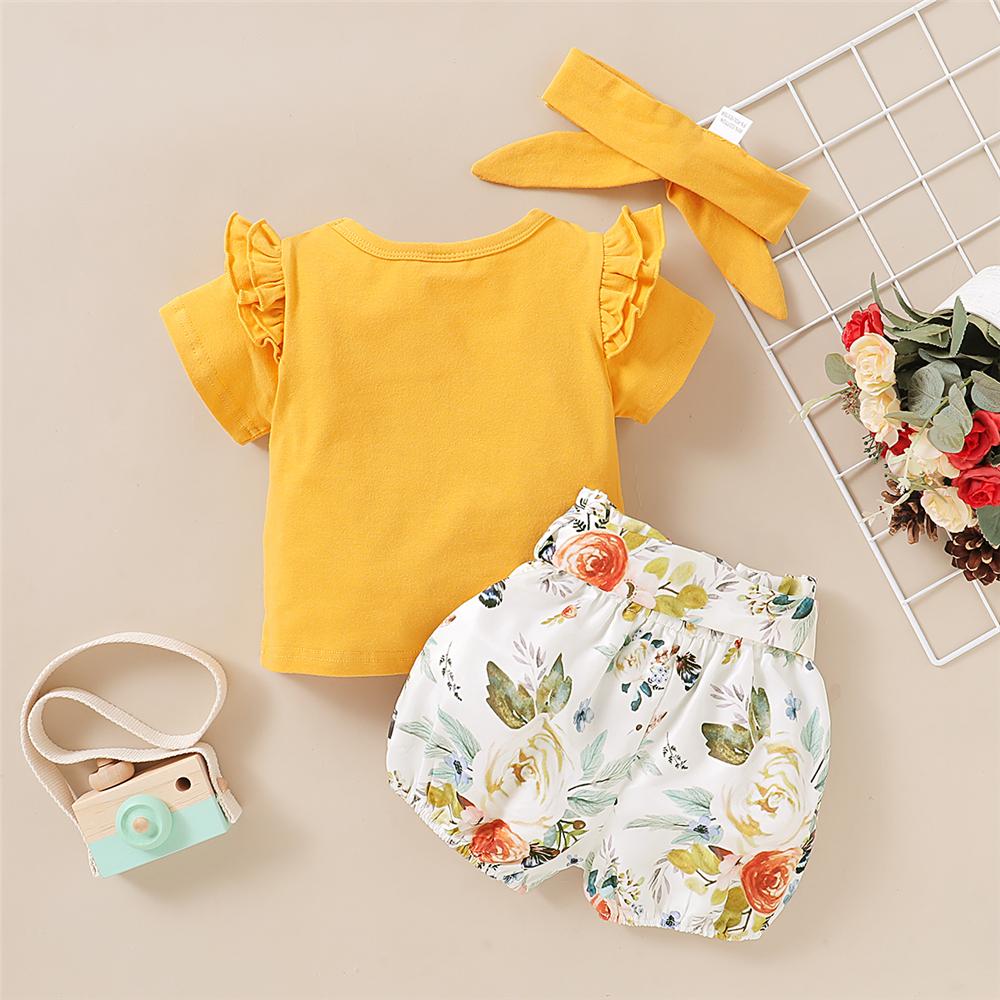 Girls Solid Color Short Sleeve Top & Floral Printed Shorts & Headband Girls Clothing Wholesale - PrettyKid