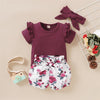Girls Solid Color Short Sleeve Top & Floral Printed Shorts & Headband Girls Clothing Wholesale - PrettyKid