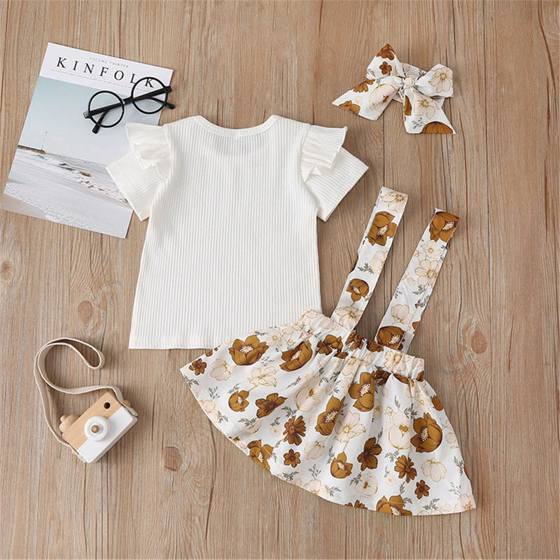 Girls Solid Color Short Sleeve Top & Floral Suspender Skirt & Headband Children Apparel Wholesale - PrettyKid