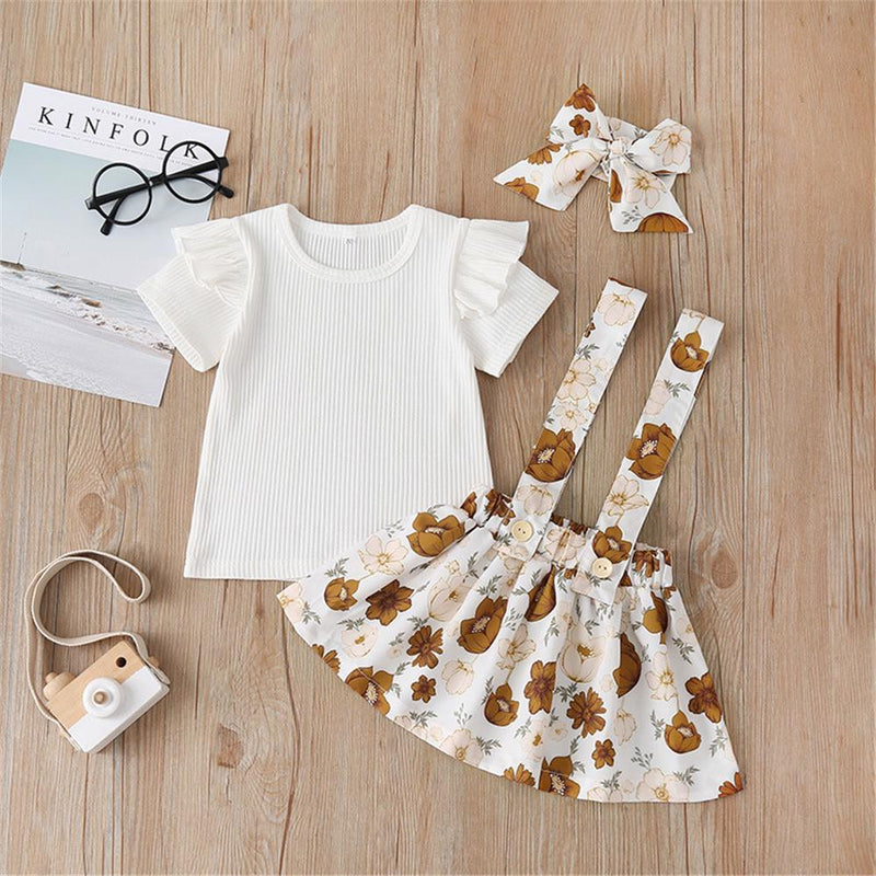 Girls Solid Color Short Sleeve Top & Floral Suspender Skirt & Headband Children Apparel Wholesale - PrettyKid