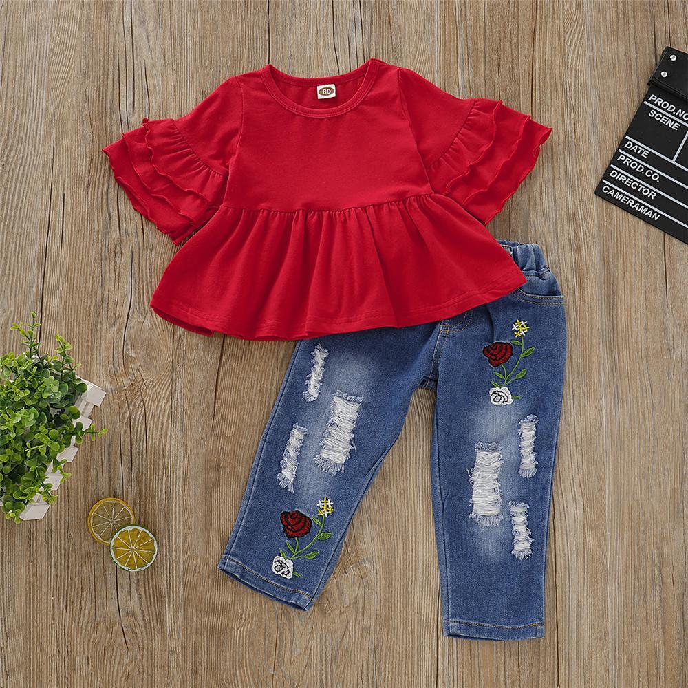 Girls Solid Color Short Sleeve Top & Ripped Rose Embroidery Jeans Girl Wholesale - PrettyKid
