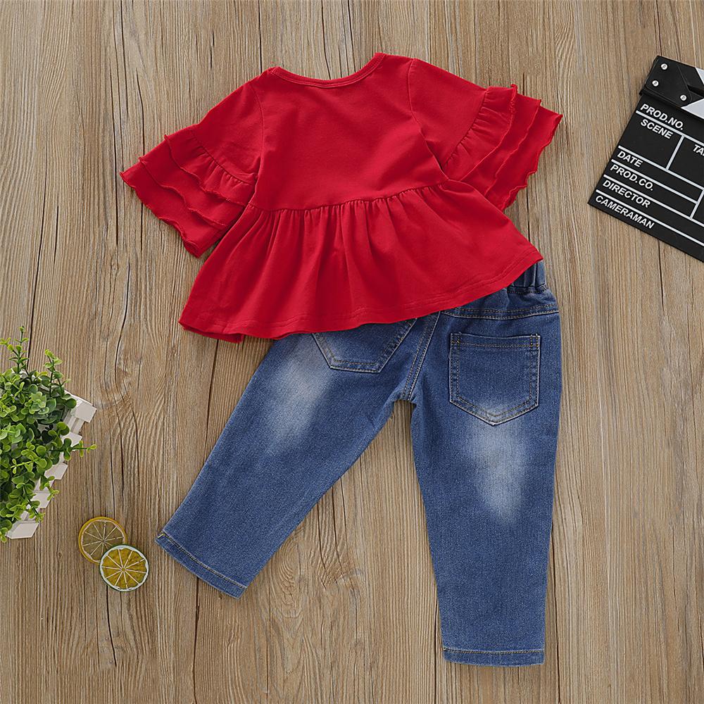 Girls Solid Color Short Sleeve Top & Ripped Rose Embroidery Jeans Girl Wholesale - PrettyKid