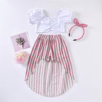 Girls Solid Color Short Sleeve Top & Striped Skirt Girls Clothes Wholesale - PrettyKid