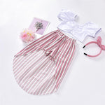 Girls Solid Color Short Sleeve Top & Striped Skirt Girls Clothes Wholesale - PrettyKid
