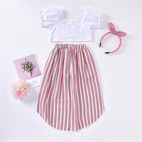 Girls Solid Color Short Sleeve Top & Striped Skirt Girls Clothes Wholesale - PrettyKid