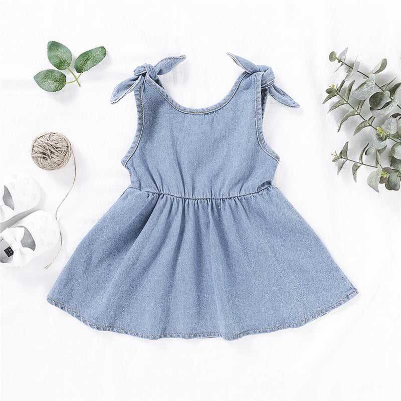 Girls Solid Color Sleeveless Button Denim Dresses Wholesale Girl clothes - PrettyKid