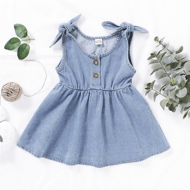 Girls Solid Color Sleeveless Button Denim Dresses Wholesale Girl clothes - PrettyKid