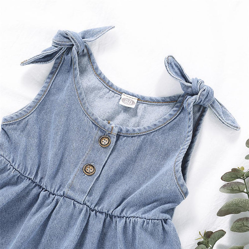 Girls Solid Color Sleeveless Button Denim Dresses Wholesale Girl clothes - PrettyKid