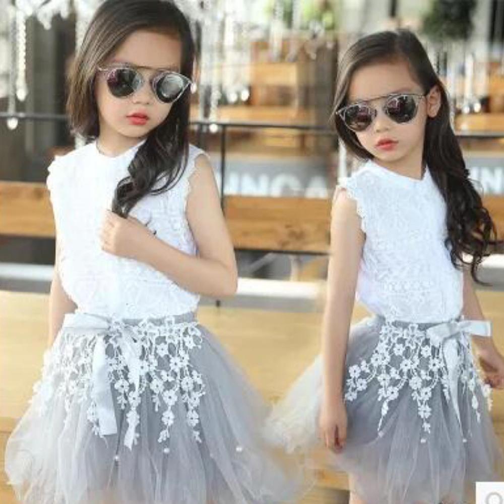 Girls Solid Color Sleeveless Lace Button Top & Tulle Skirt Toddler Girls Wholesale - PrettyKid