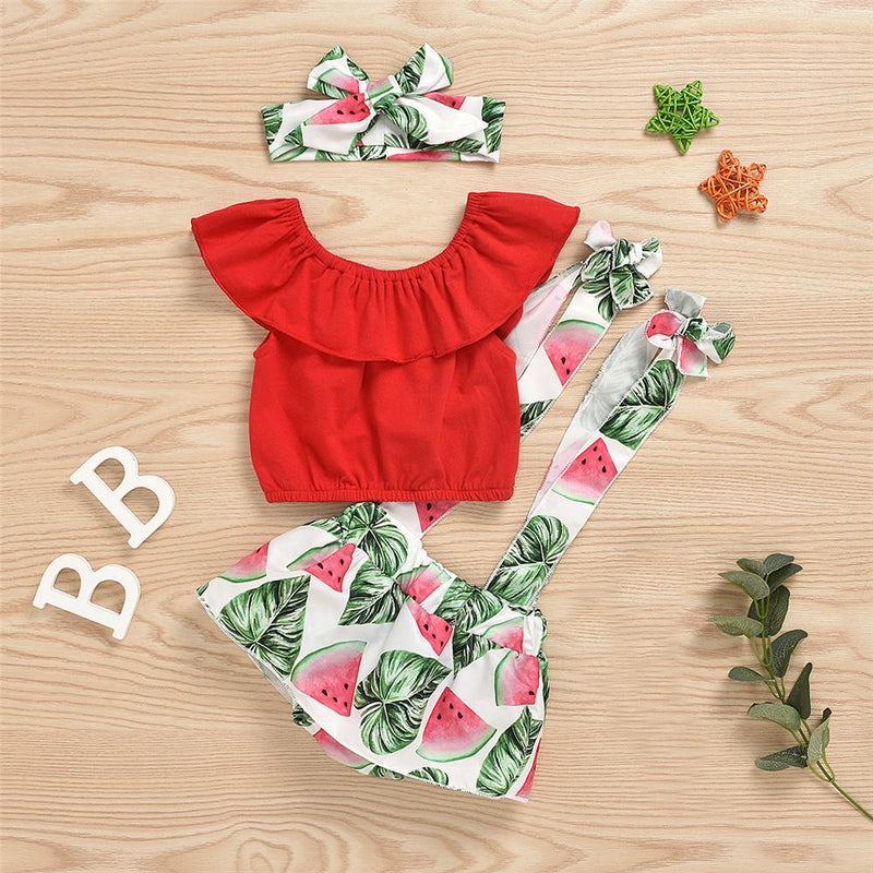 Baby Girls Solid Color Sleeveless Off Shoulder Top & Fruit Printed Suspender Skirt & Headband Baby Outfits - PrettyKid