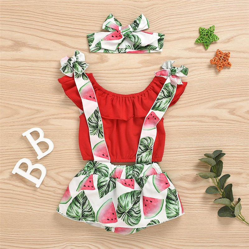 Baby Girls Solid Color Sleeveless Off Shoulder Top & Fruit Printed Suspender Skirt & Headband Baby Outfits - PrettyKid