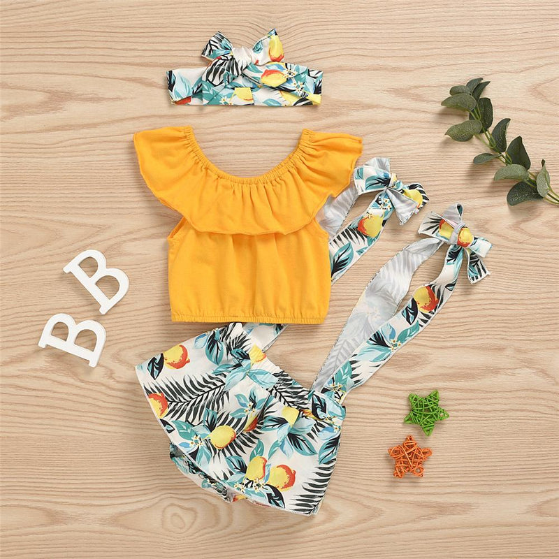 Baby Girls Solid Color Sleeveless Off Shoulder Top & Fruit Printed Suspender Skirt & Headband Baby Outfits - PrettyKid