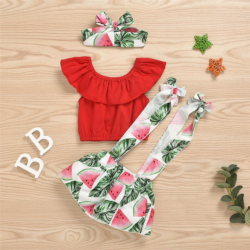 Baby Girls Solid Color Sleeveless Off Shoulder Top & Fruit Printed Suspender Skirt & Headband Baby Outfits - PrettyKid