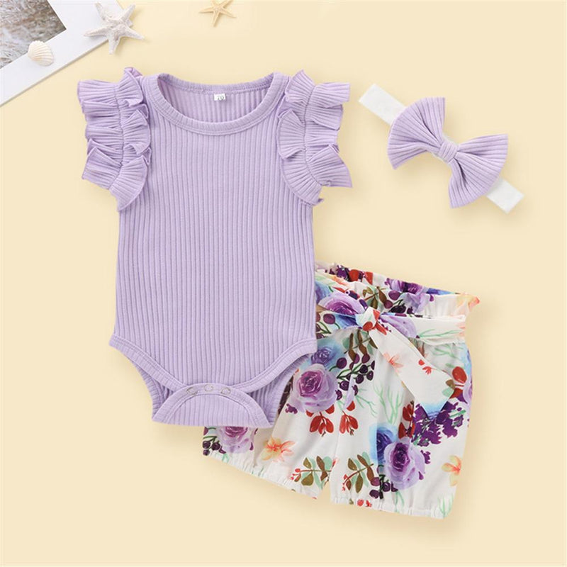 Baby Girls Solid Color Sleeveless Romper & Floral Shorts & Headband Baby Boutique Clothes Wholesale - PrettyKid
