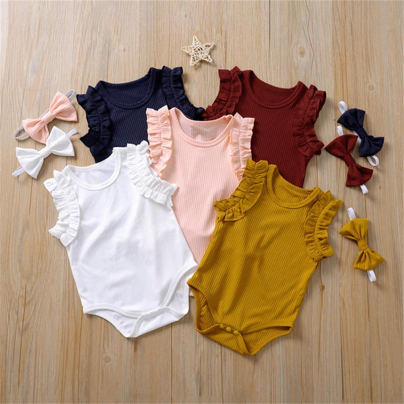 Baby Girls Solid Color Sleeveless Romper & Headband Baby Wholesale clothing - PrettyKid