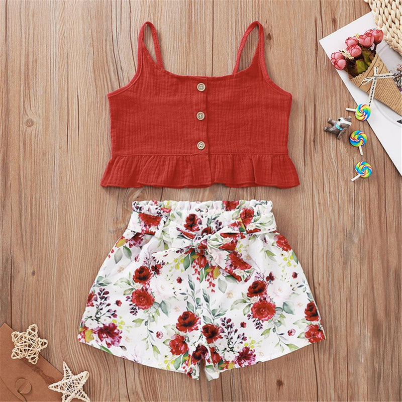 Girls Solid Color Sleeveless Top & Floral Shorts Girl Boutique clothes Wholesale - PrettyKid