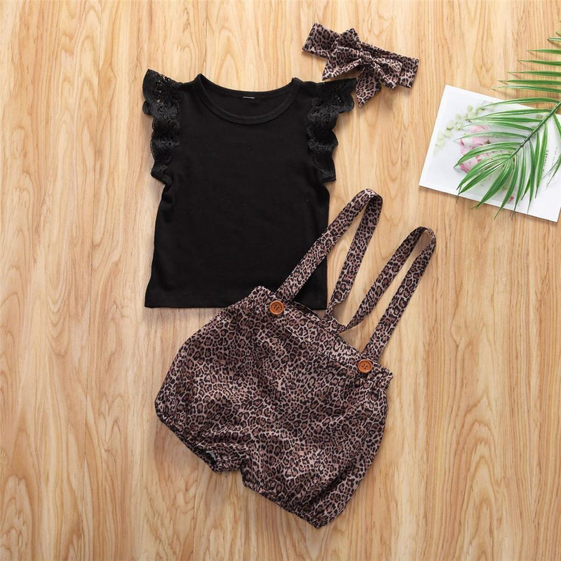 Girls Solid Color Sleeveless Top & Leopard Suspender Shorts & Headband Toddler Girls Wholesale - PrettyKid