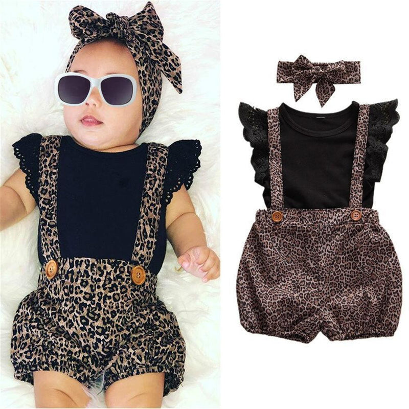 Girls Solid Color Sleeveless Top & Leopard Suspender Shorts & Headband Toddler Girls Wholesale - PrettyKid