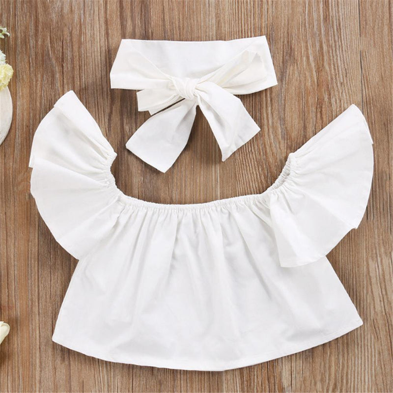 Girl White one Shoulder Top with Headbance & Ripped Jeans Wholesale Childrens Clothing - PrettyKid