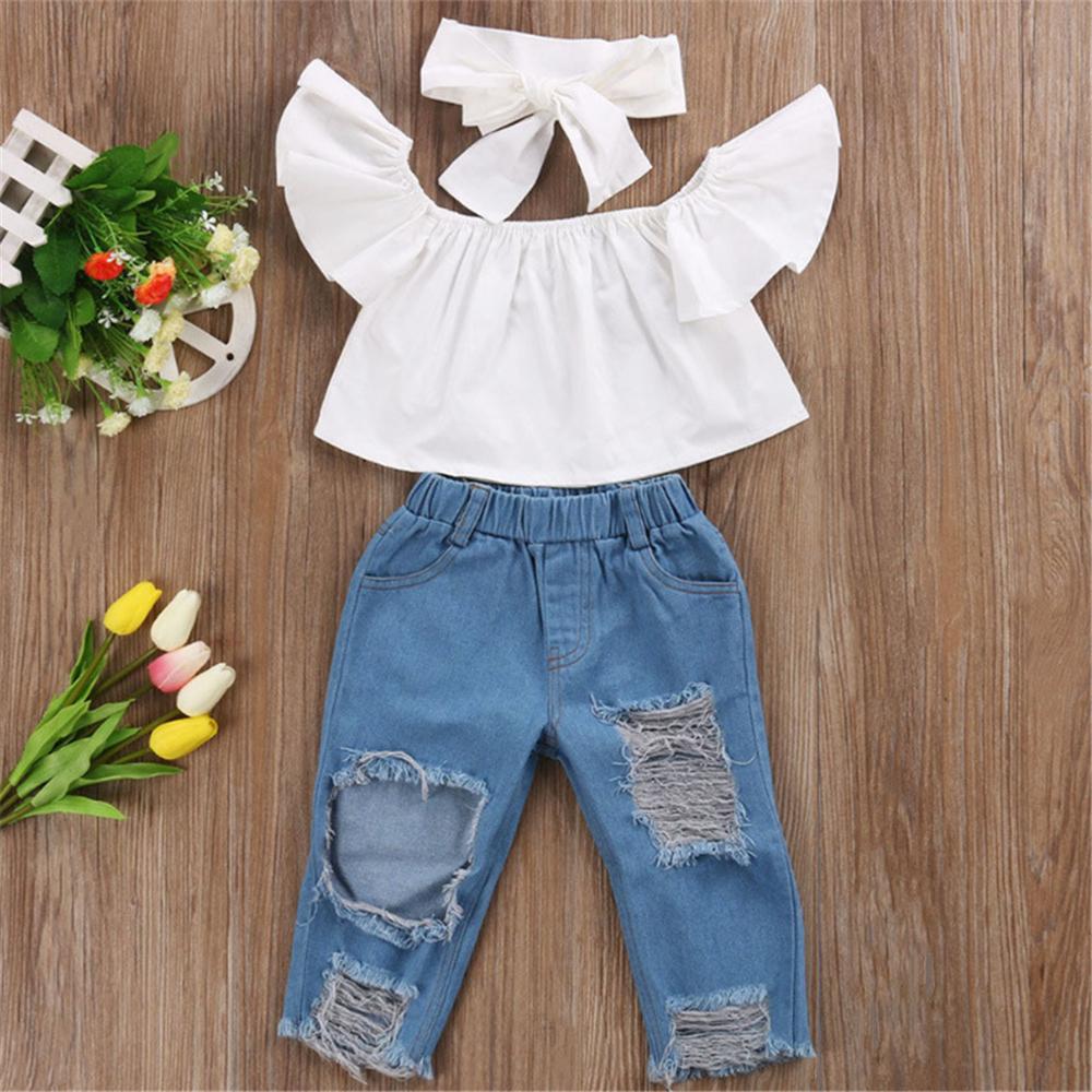 Girl White one Shoulder Top with Headbance & Ripped Jeans Wholesale Childrens Clothing - PrettyKid