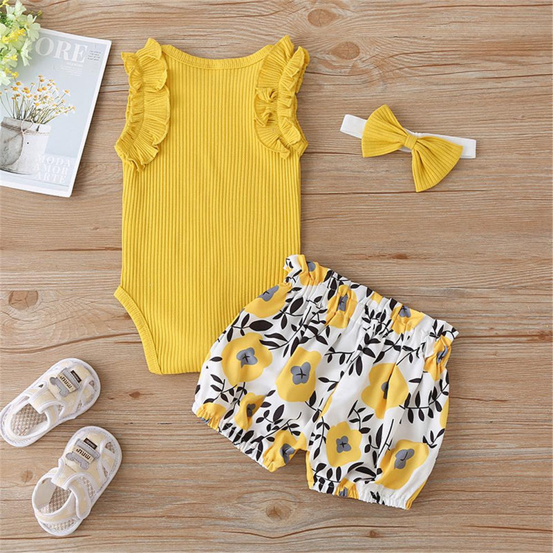 Baby Girls Solid Color Sleeveless Top & Shorts & Headband Baby clothes Wholesale Distributors - PrettyKid
