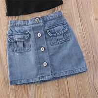 Girls Solid Color Sling Top & Button Denim Skirt Trendy Kids Wholesale Clothing - PrettyKid